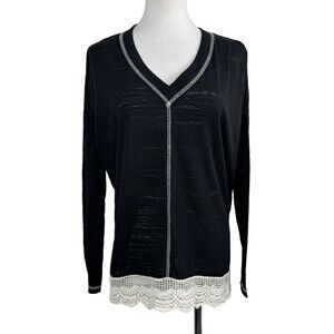 She & Sky Black Crochet Hem Oversized Blouse Size Small Long Sleeve NWT